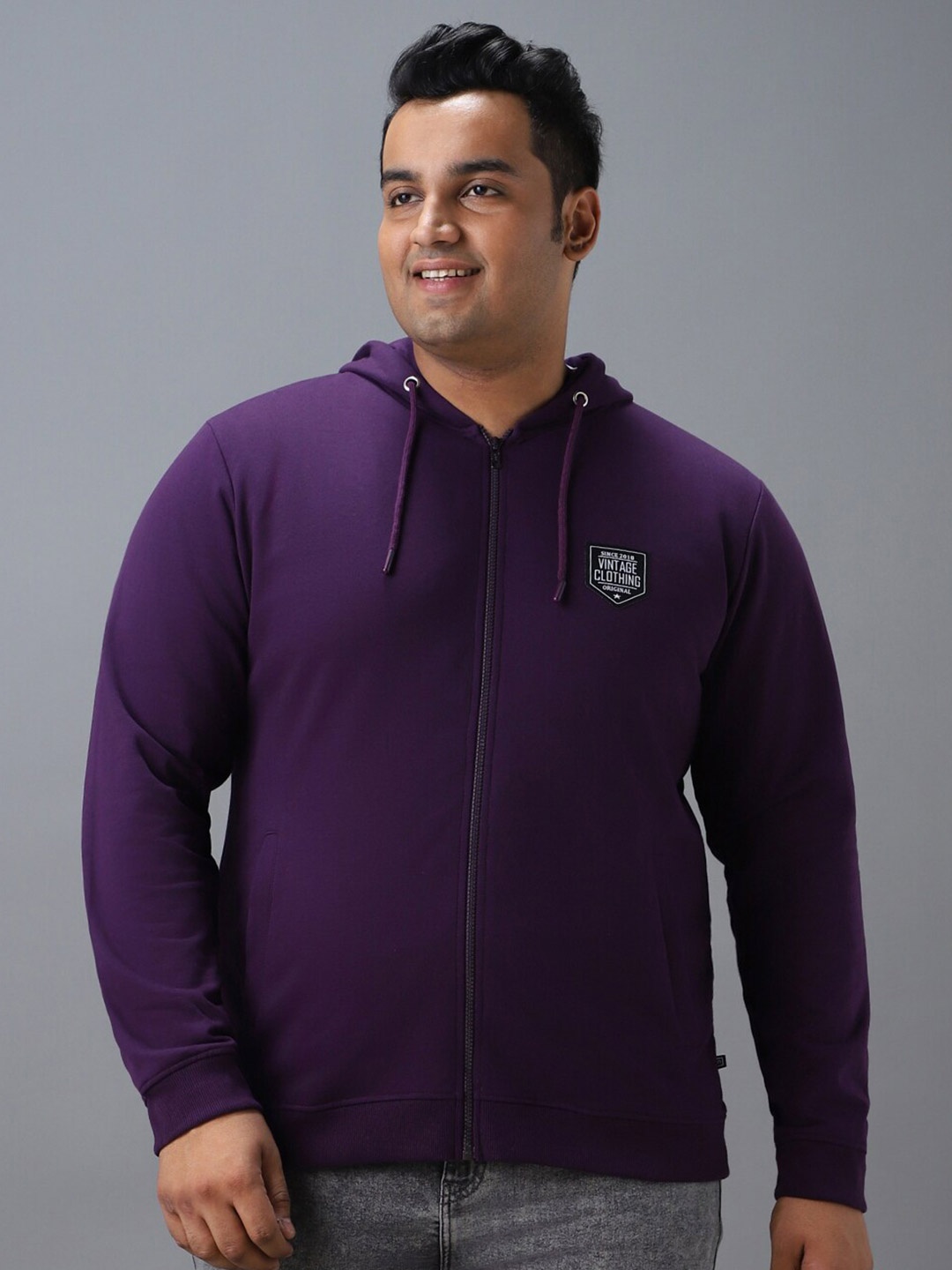 

Urbano Plus Plus Size Cotton Solid Zippered Hooded Neck Sweatshirt, Purple