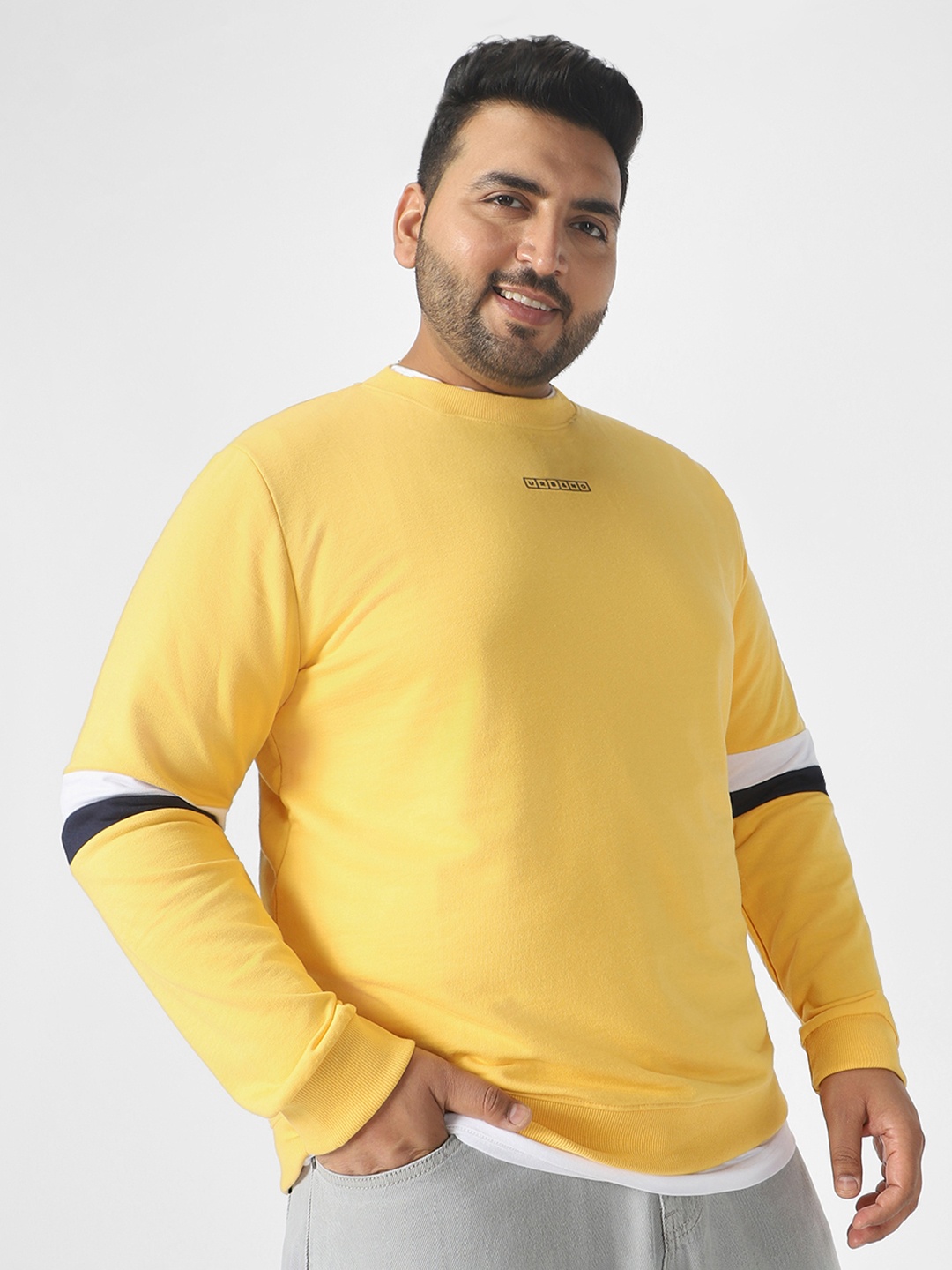 Urbano Plus Men Solid Sweatshirt With Minimal Typography Print & Striped Detail, Yellow