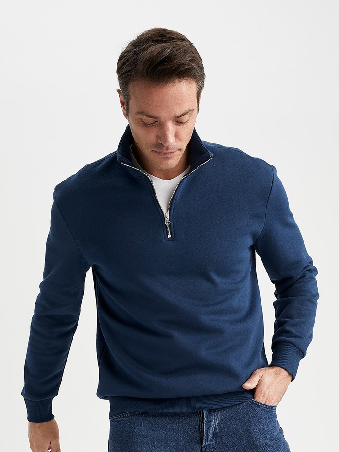 

DeFacto Mock Collar Long Sleeve Pullover Sweatshirt, Blue