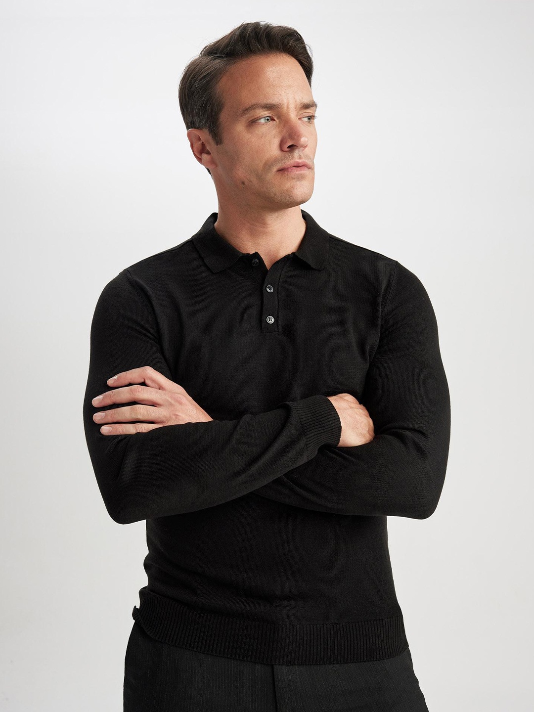 

DeFacto Men Shirt Collar Acrylic Pullover, Black