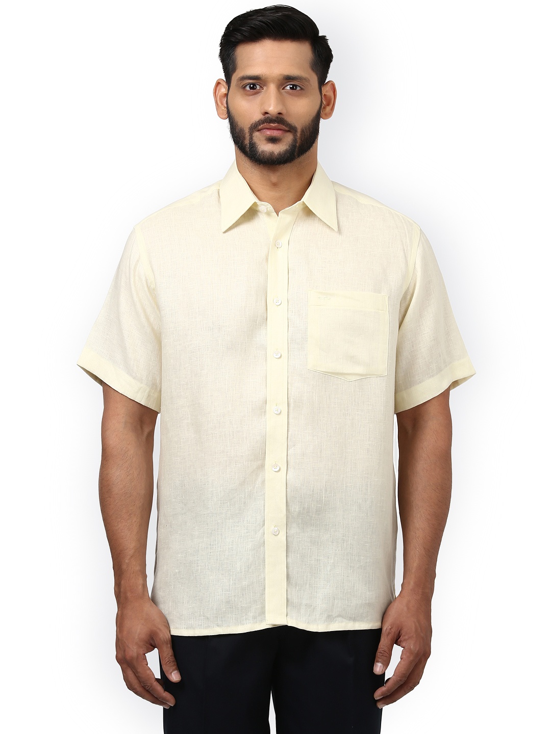 

ColorPlus Men Yellow Regular Fit Solid Linen Casual Shirt