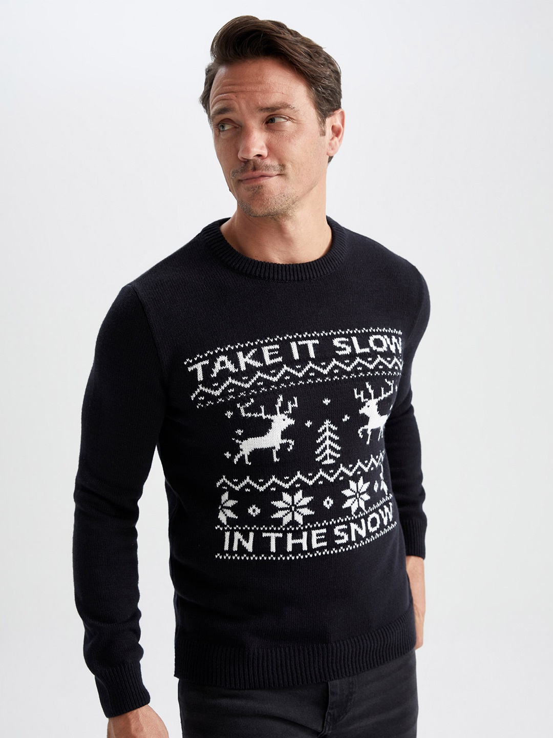 

DeFacto Fair Isle Printed Pullover, Black