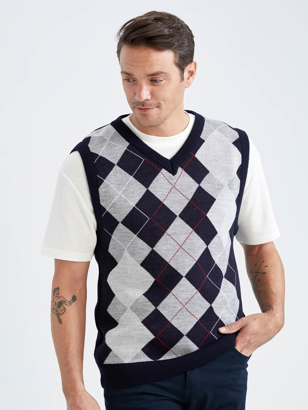 

DeFacto Checked Acrylic Sweater Vest, Navy blue