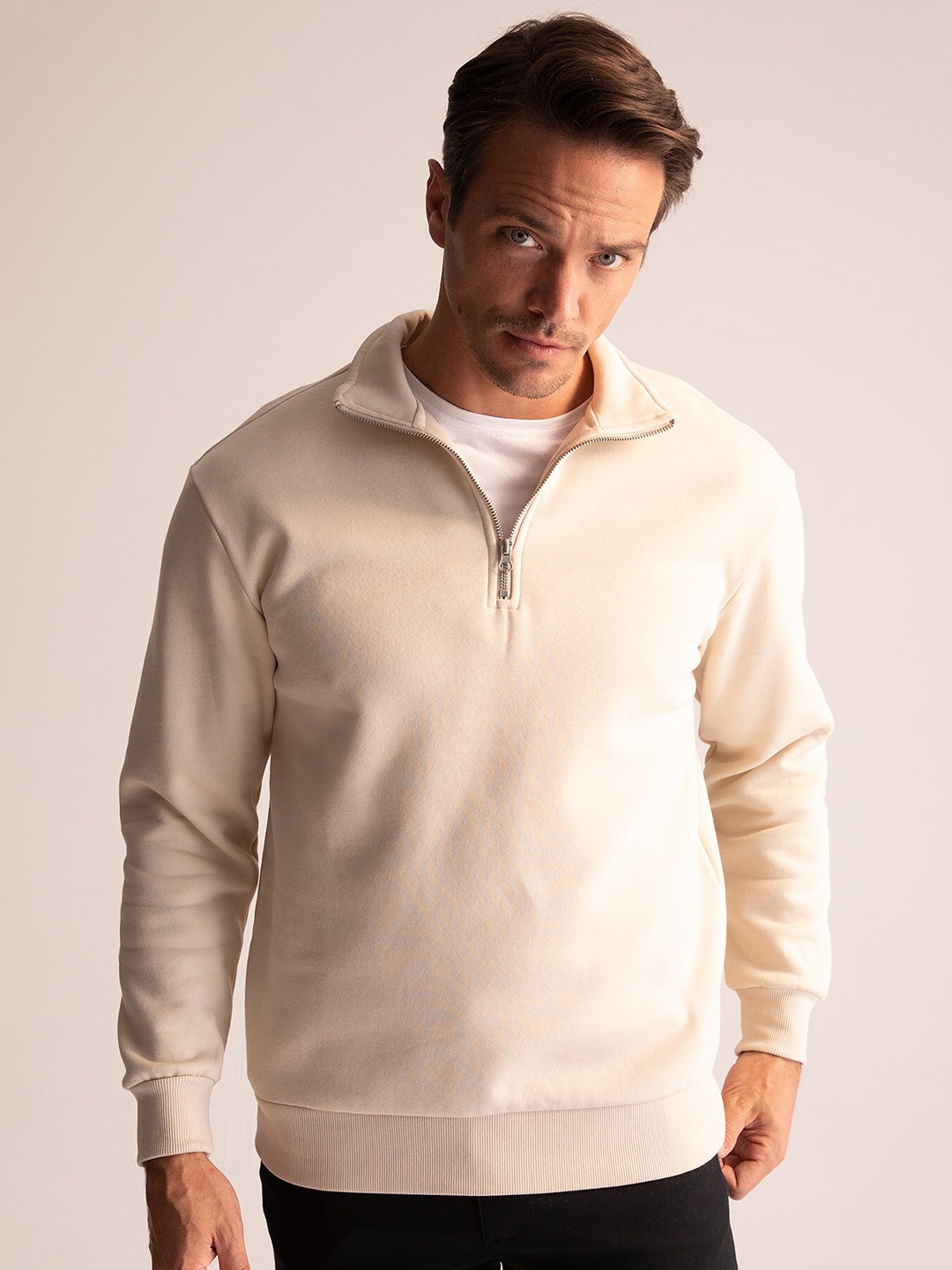 

DeFacto Half Zipper Ribbed Cotton Pullover, Beige