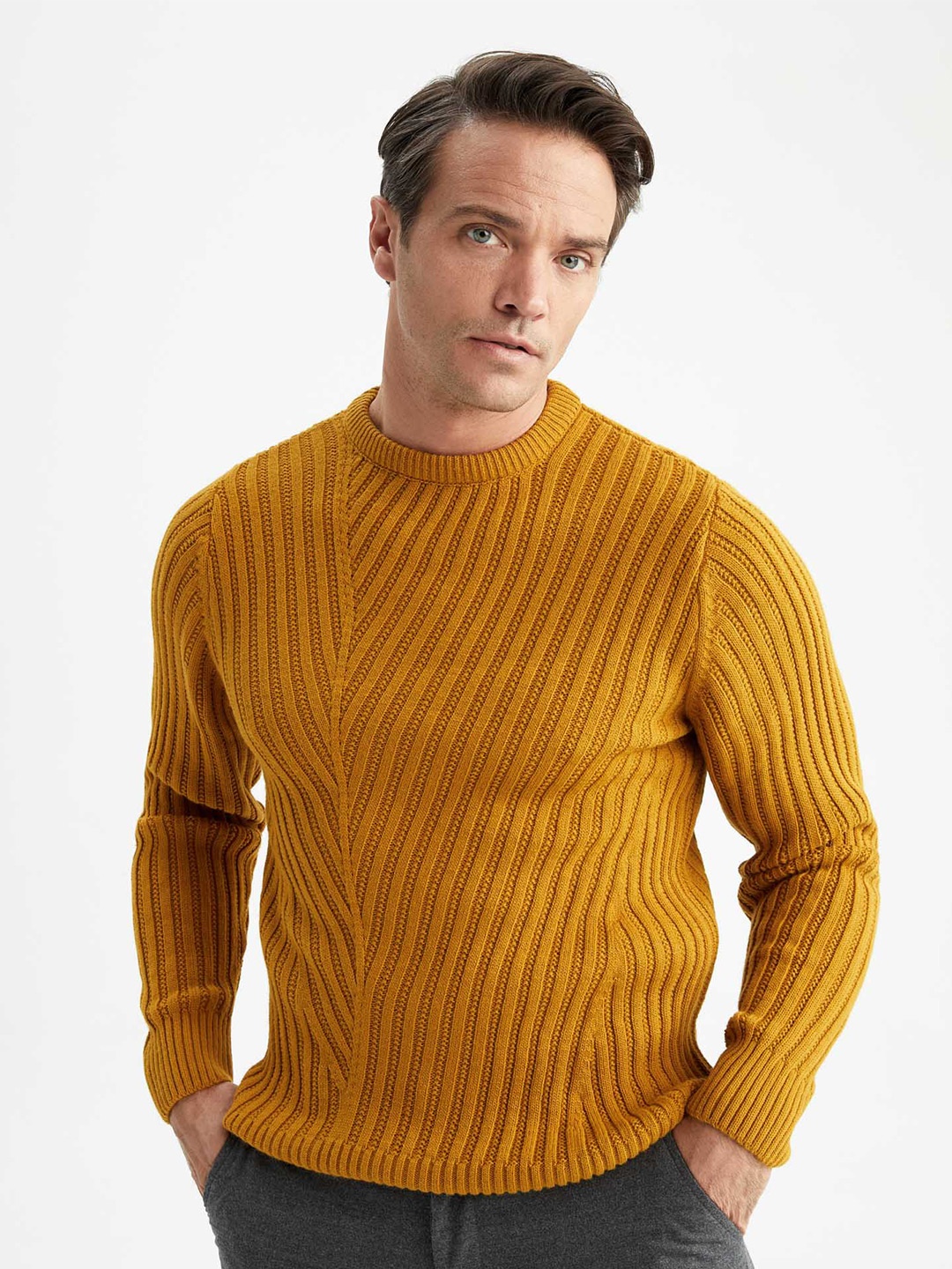 

DeFacto Cable Knit Self Design Round Neck Acrylic Pullover Sweater, Mustard