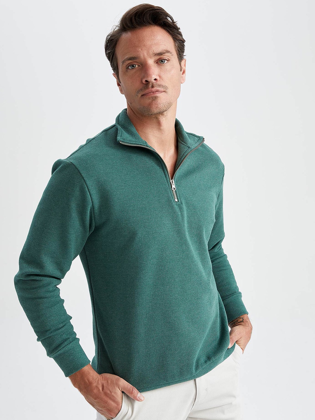 

DeFacto Mock Collar Cotton Pullover, Green