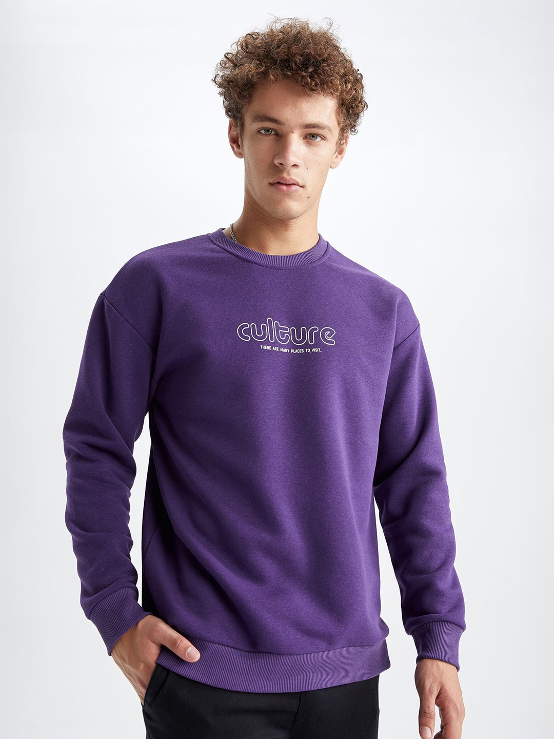 

DeFacto Typography Printed Ribbed Pullover Sweatshirt, Purple