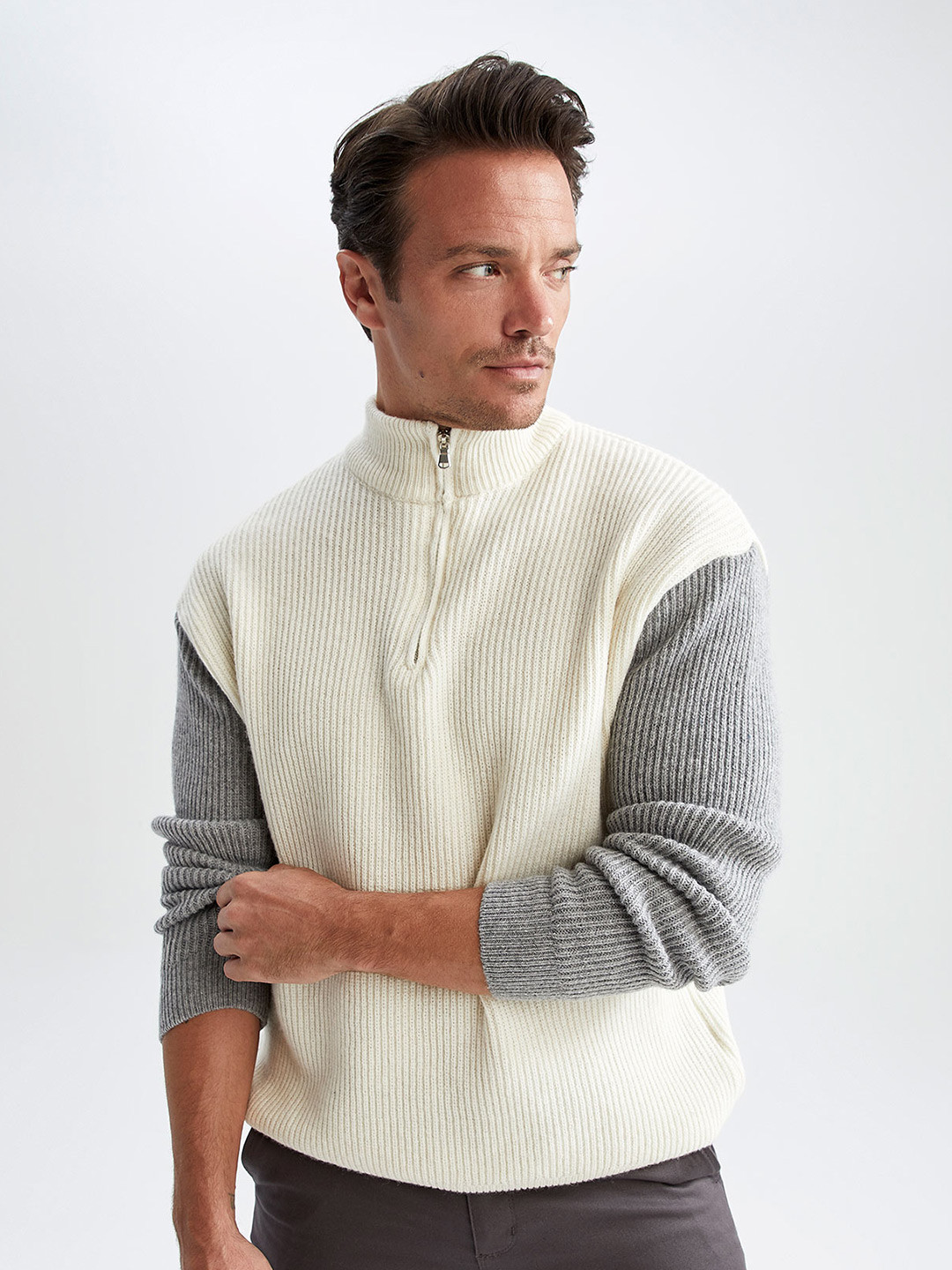 

DeFacto Mock Collar Ribbed Pullover, White