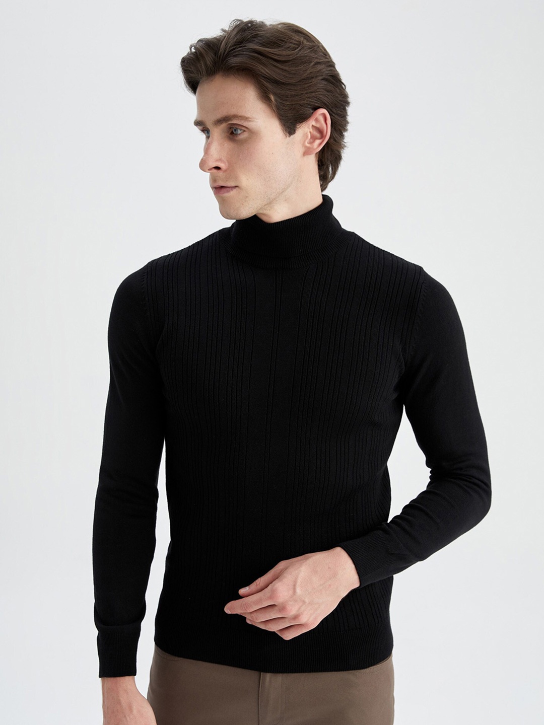 

DeFacto Striped Acrylic Pullover, Black