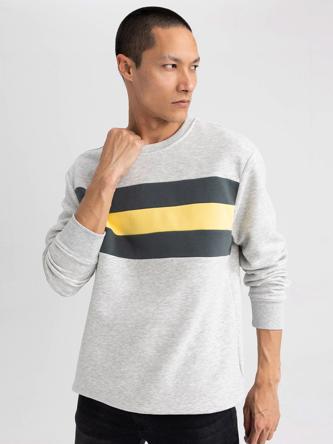 

DeFacto Striped Round Neck Pullover Sweater, Grey