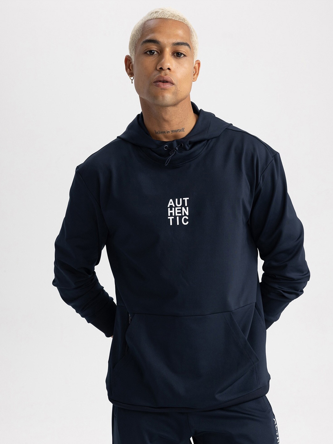 

DeFacto Typography Printed Hooded Sweatshirt, Navy blue