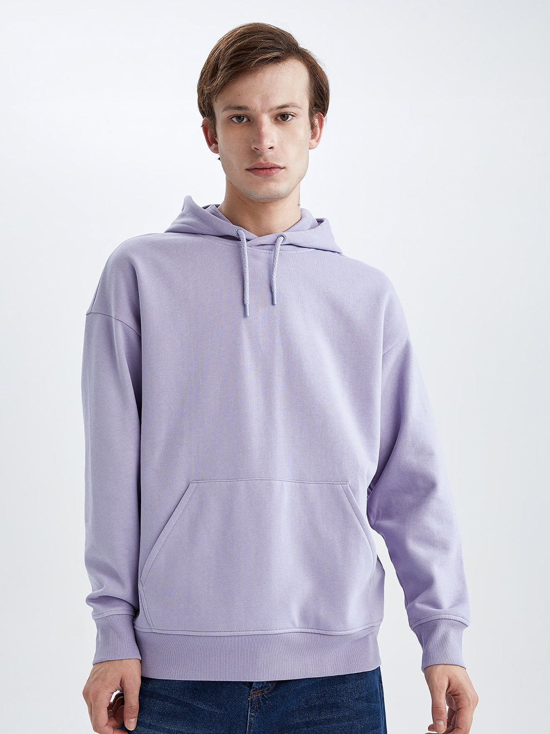 

DeFacto Ribbed Hooded Cotton Pullover, Lavender