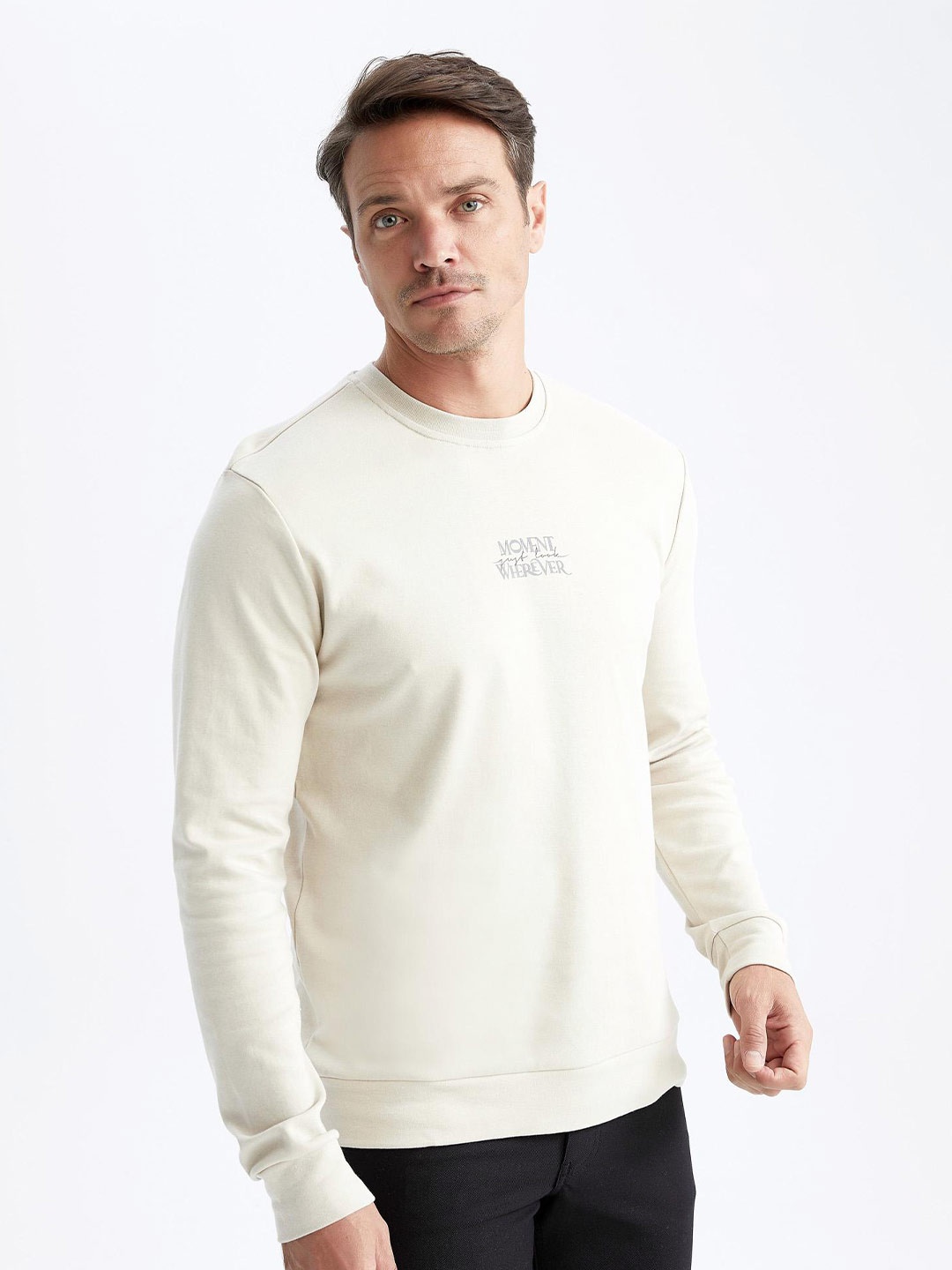 

DeFacto Typography Printed Round Neck Cotton Pullover Sweaters, Cream