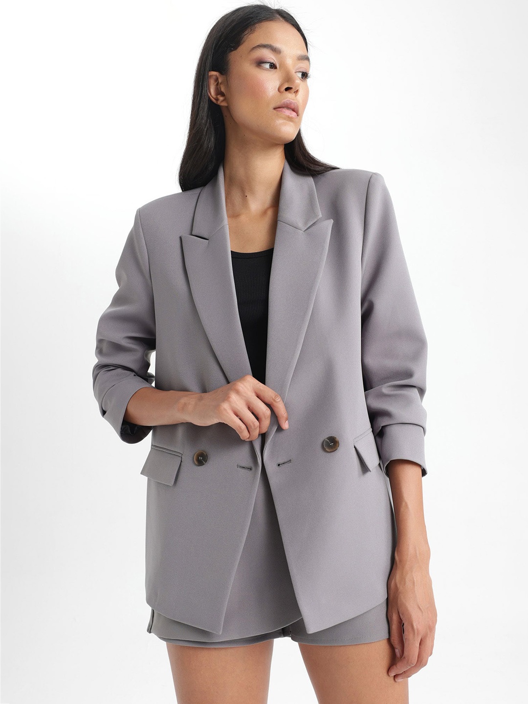 

DeFacto Peaked Lapel Double-Breasted Blazer, Grey