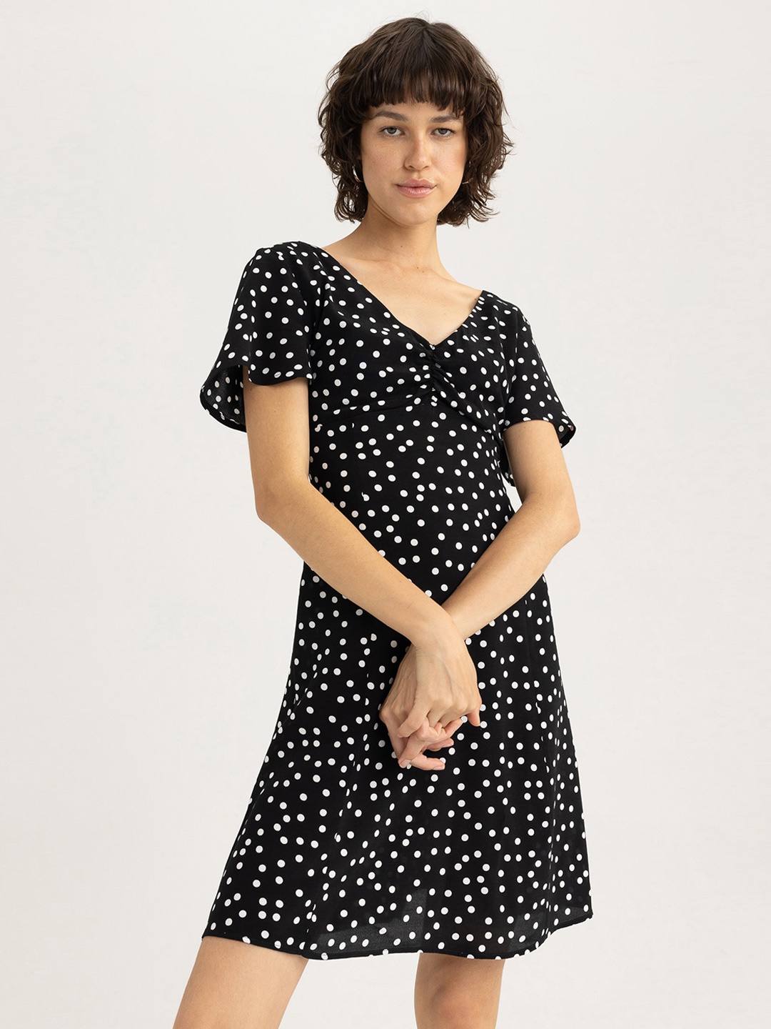 

DeFacto Polka Dot Print Flared Sleeve Fit & Flare Mini Dress, Black