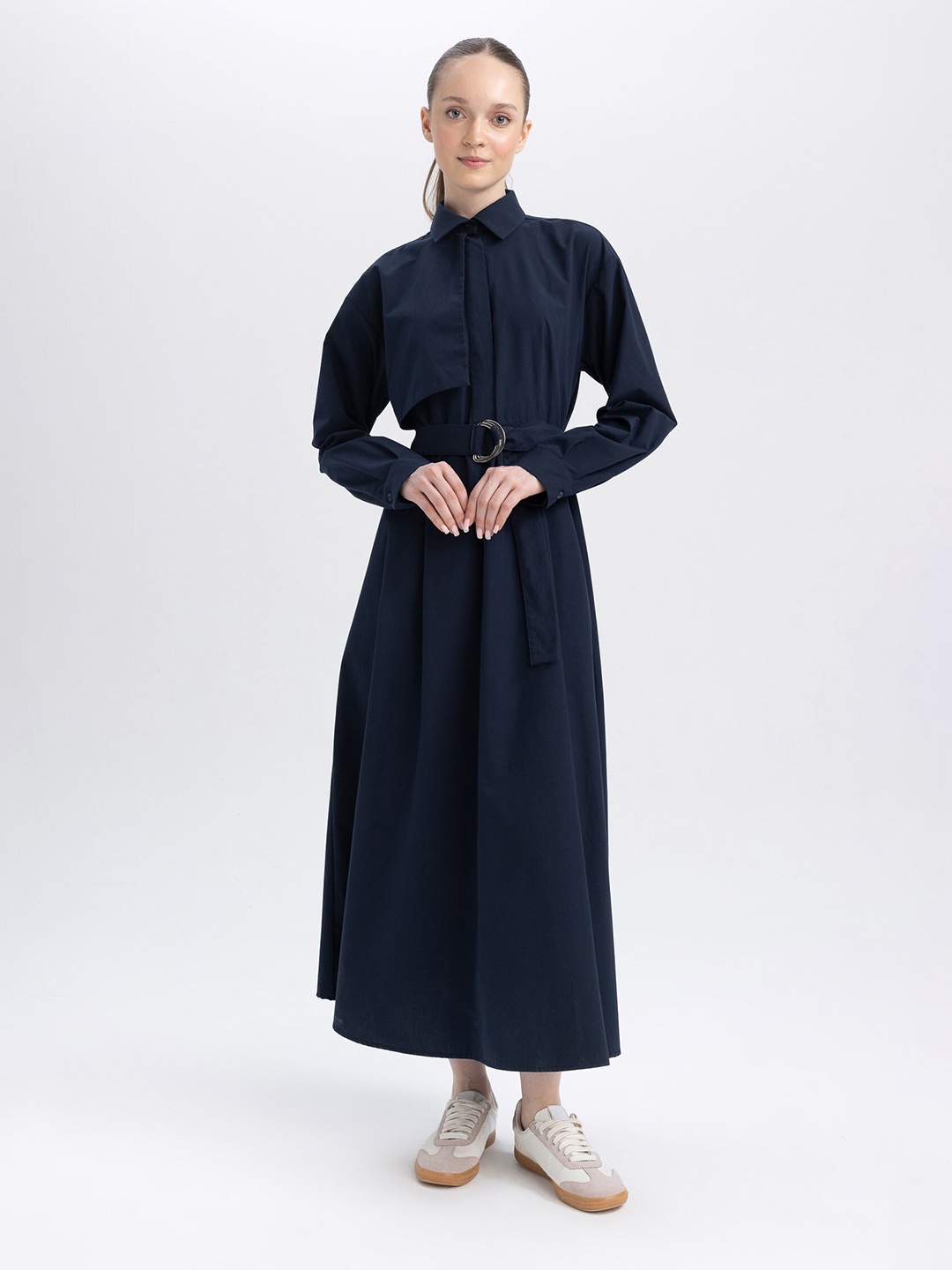 

DeFacto Shirt Collar Cuffed Sleeves Belted A-Line Midi Dress, Navy blue