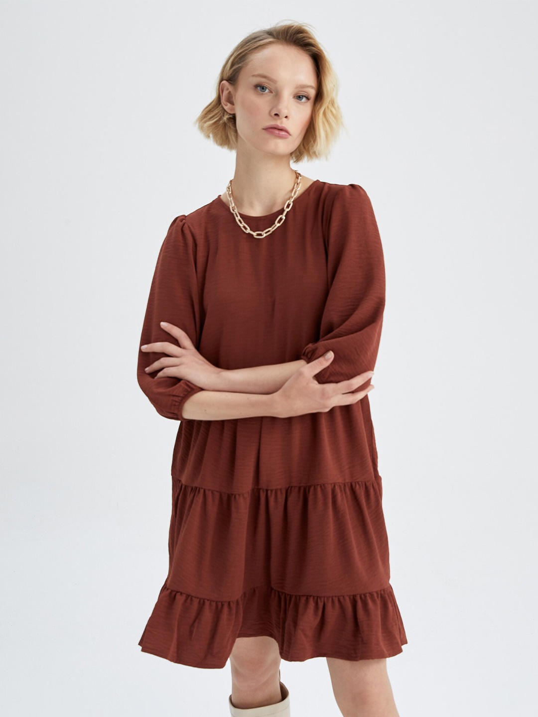 

DeFacto Puff Sleeve A-Line Dress, Brown