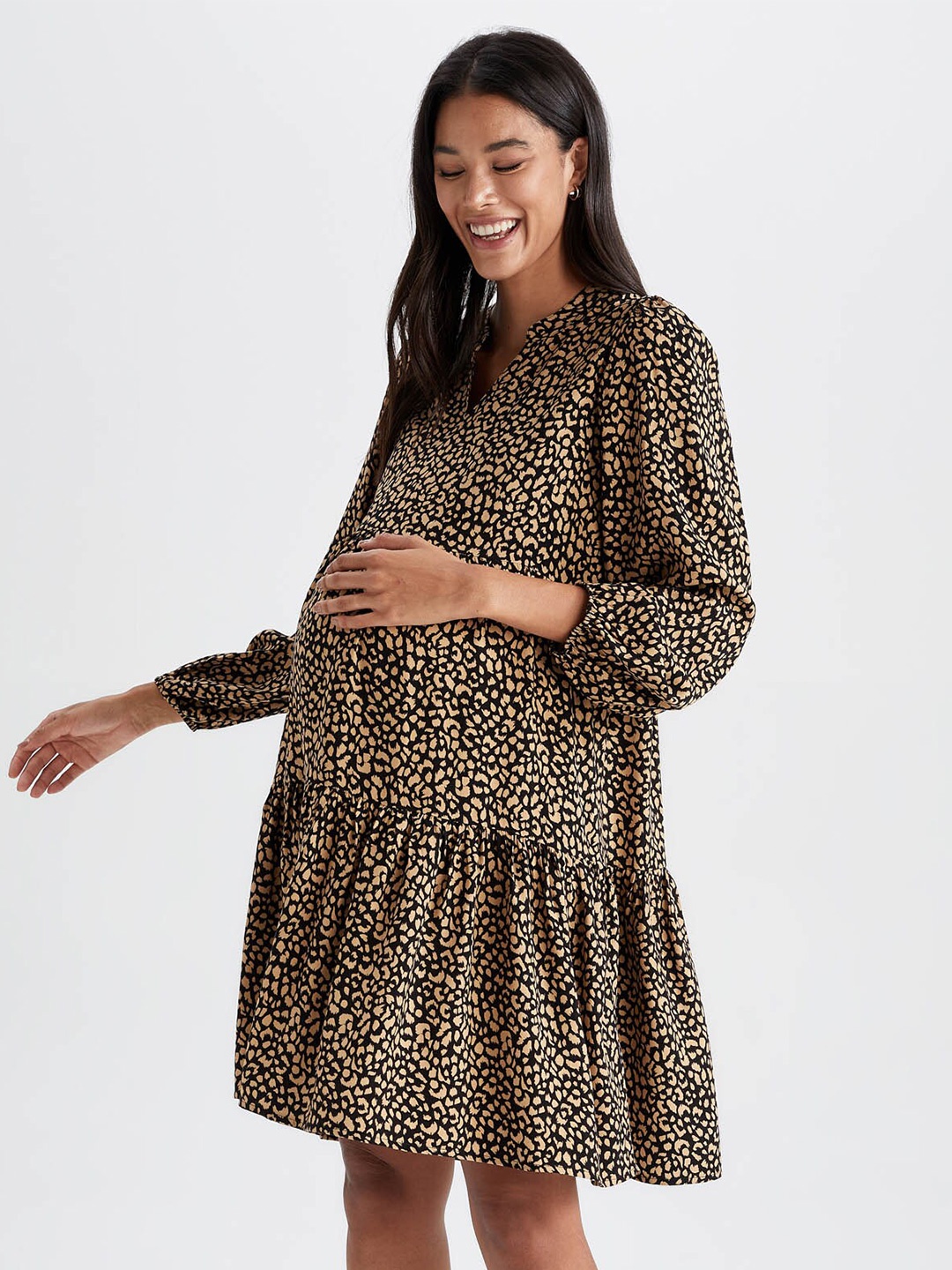 

DeFacto Animal Printed Drop-Waist Dress, Beige