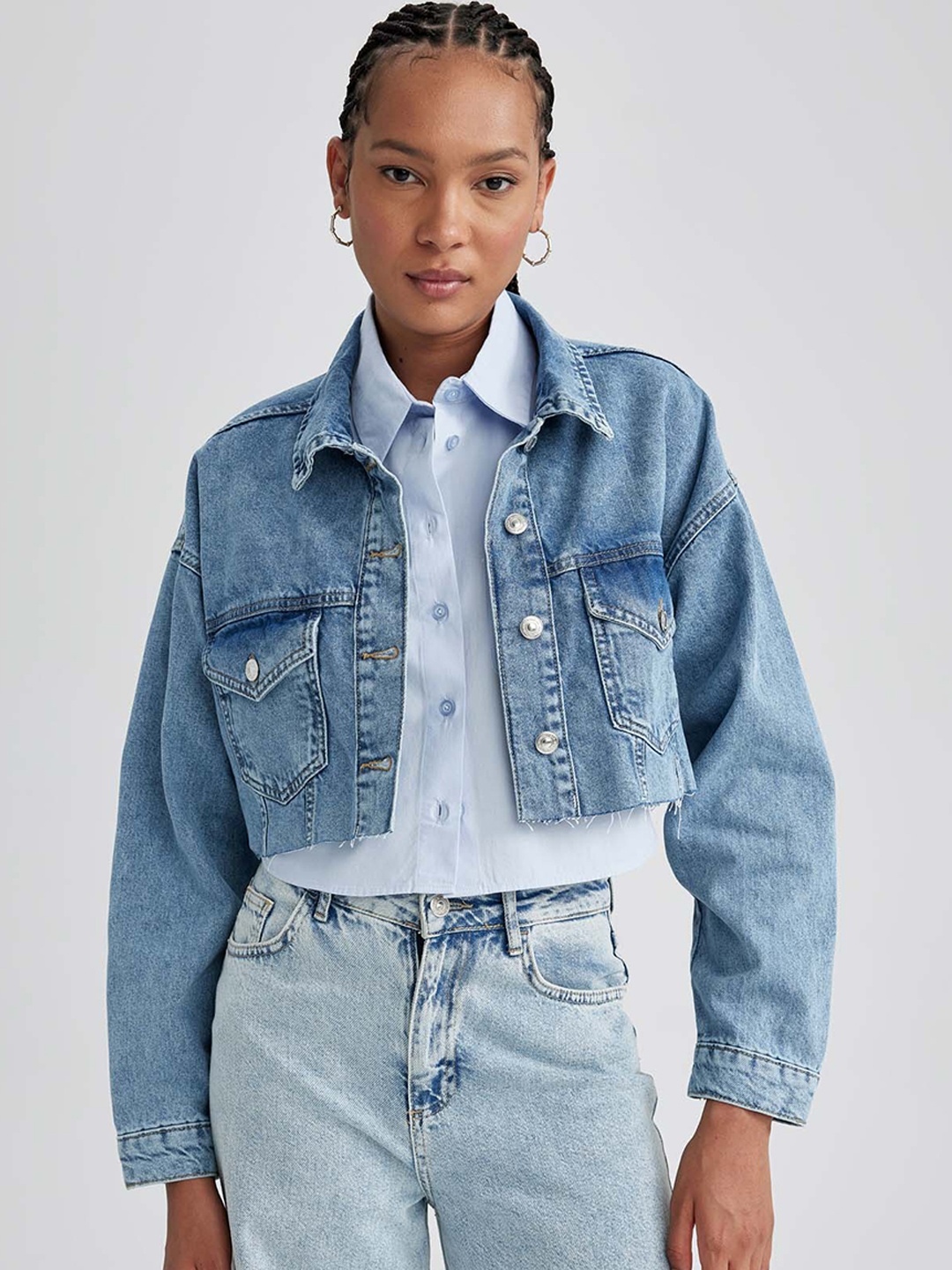

DeFacto Washed Checked Crop Denim Jacket, Blue