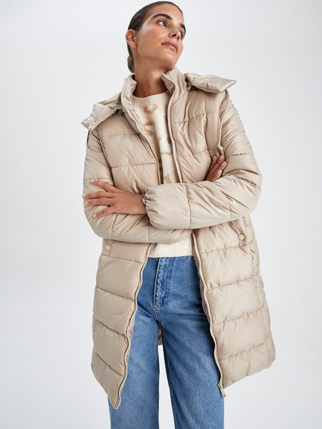 

DeFacto Hooded Longline Quilted Jacket, Beige