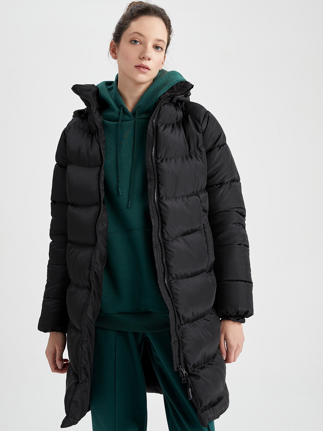 

DeFacto Hooded Longline Puffer Jacket, Black