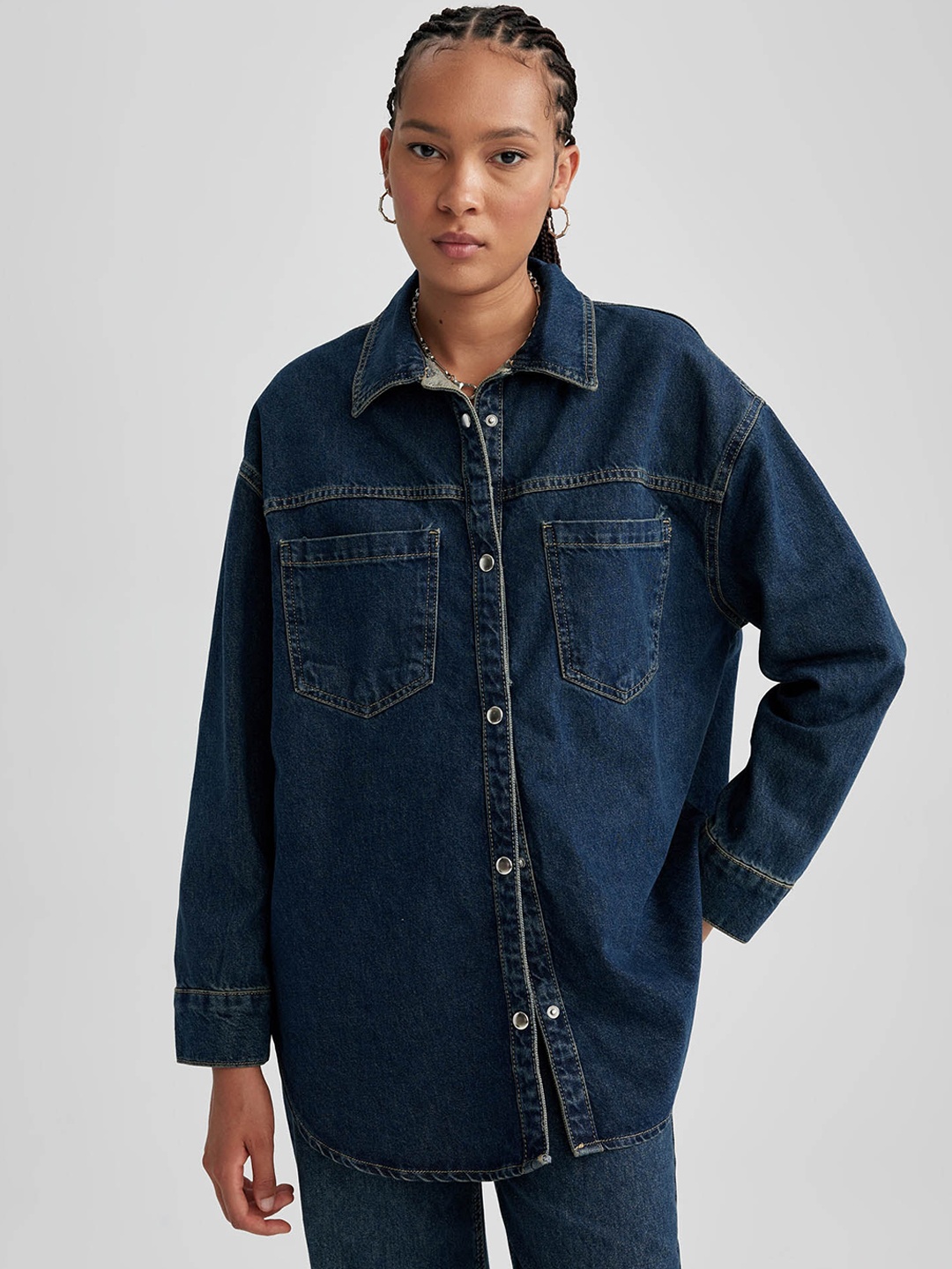 

DeFacto Spread Collar Washed Checked Denim Jacket, Blue