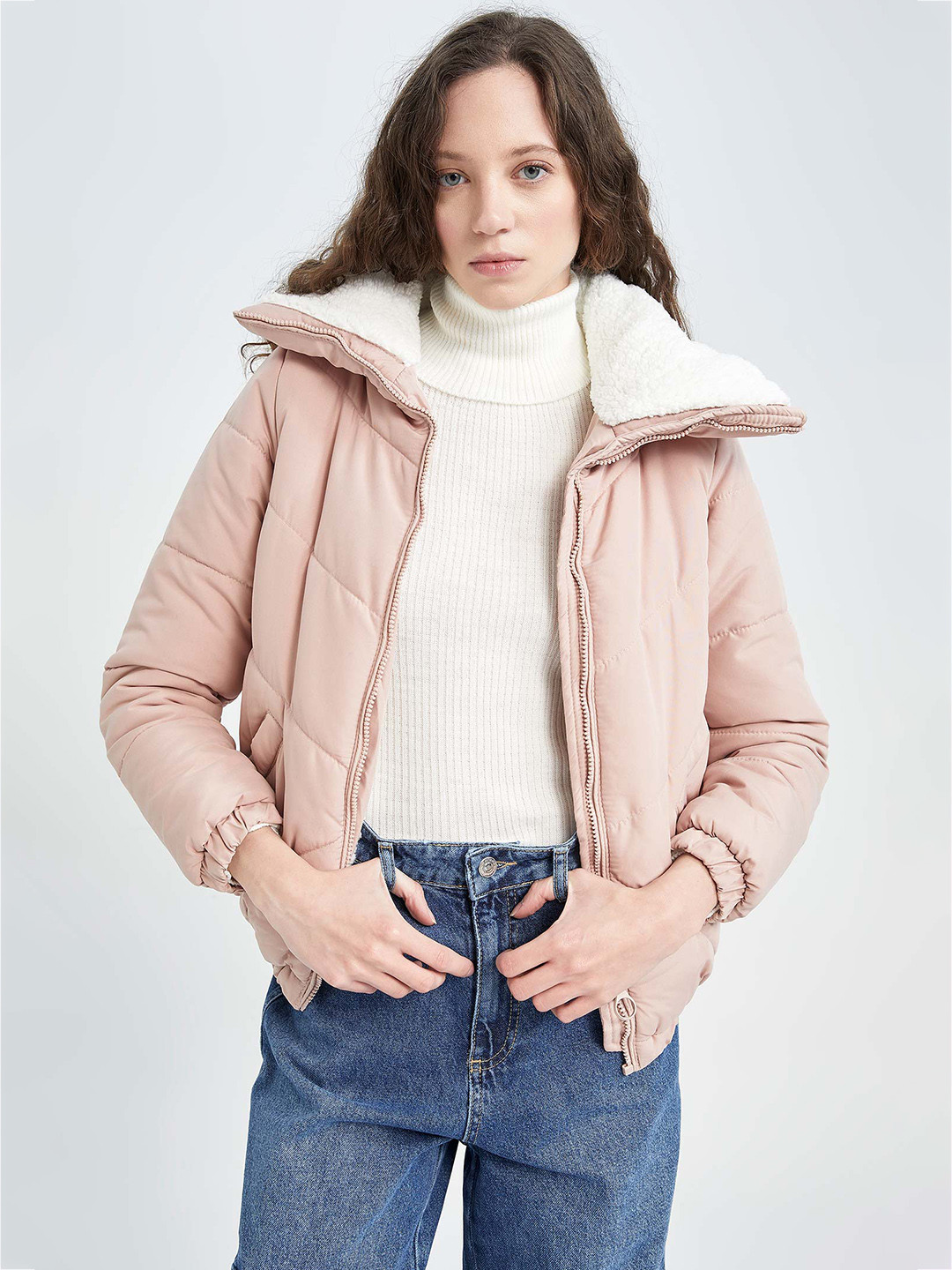

DeFacto Women Stand Collar Padded Jacket, Peach