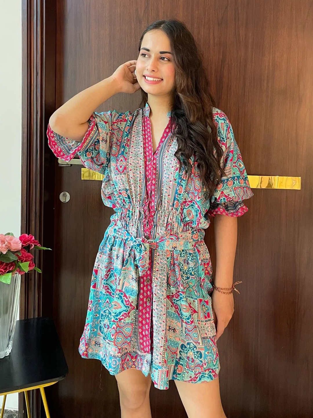 

smisingbee Ethnic Motifs Printed Puff Sleeves Tie-Up A-Line Dress, Sea green