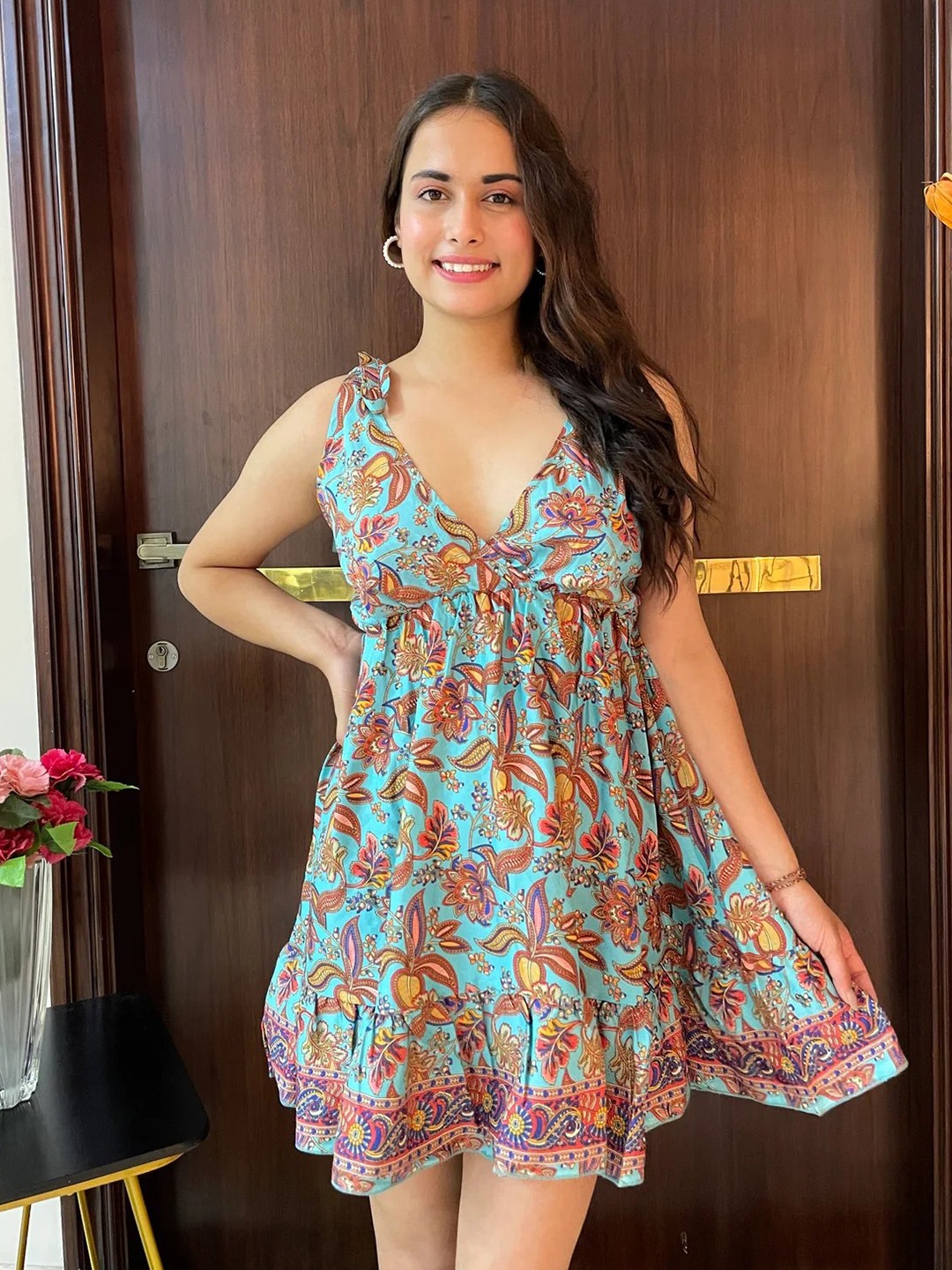 

smisingbee Floral Printed Shoulder Straps Gathered Tiered Fit & Flare Mini Dress, Sea green