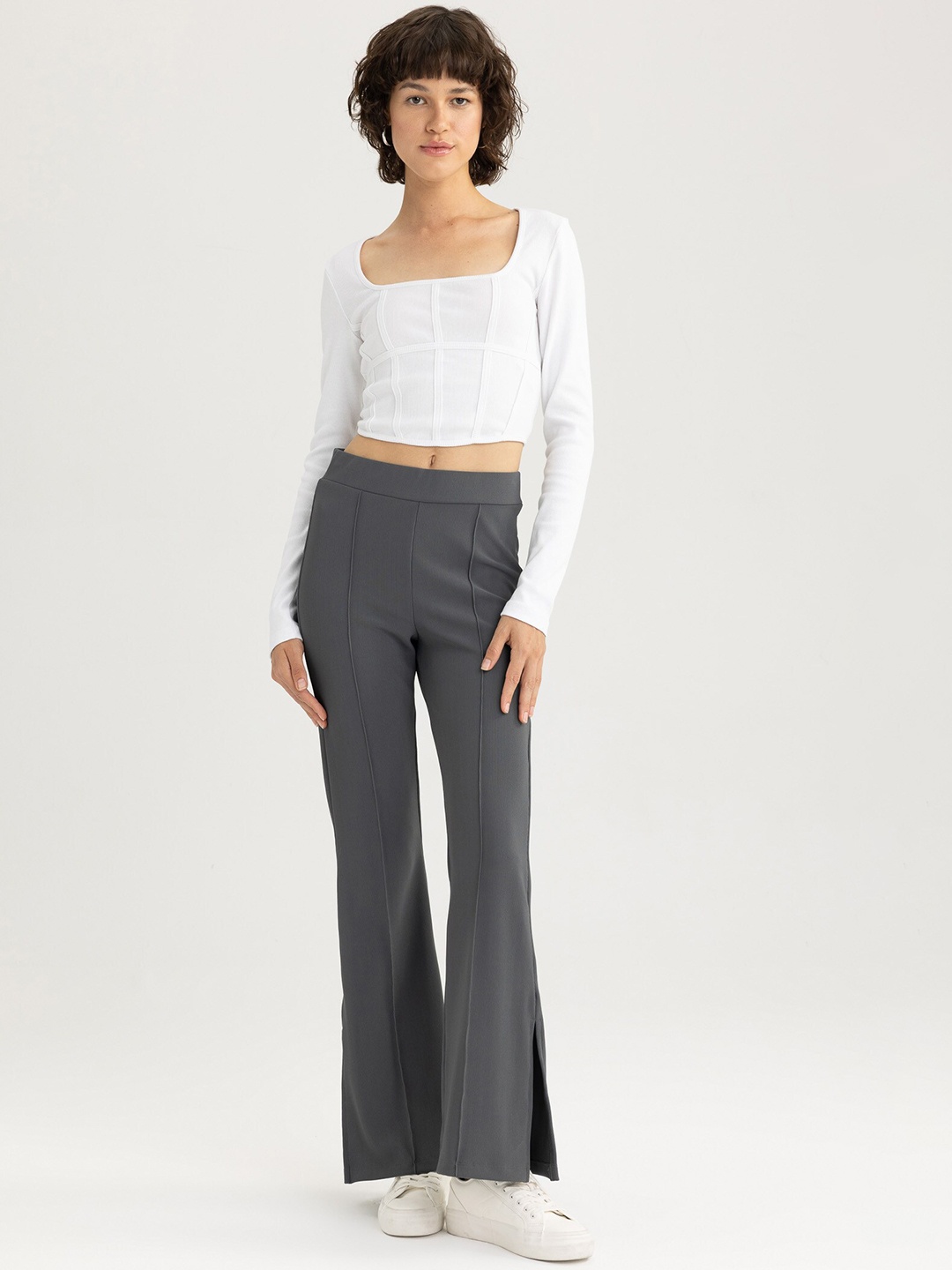 

DeFacto Women Ribbed Flared Hem Bootcut Track Pant, Grey