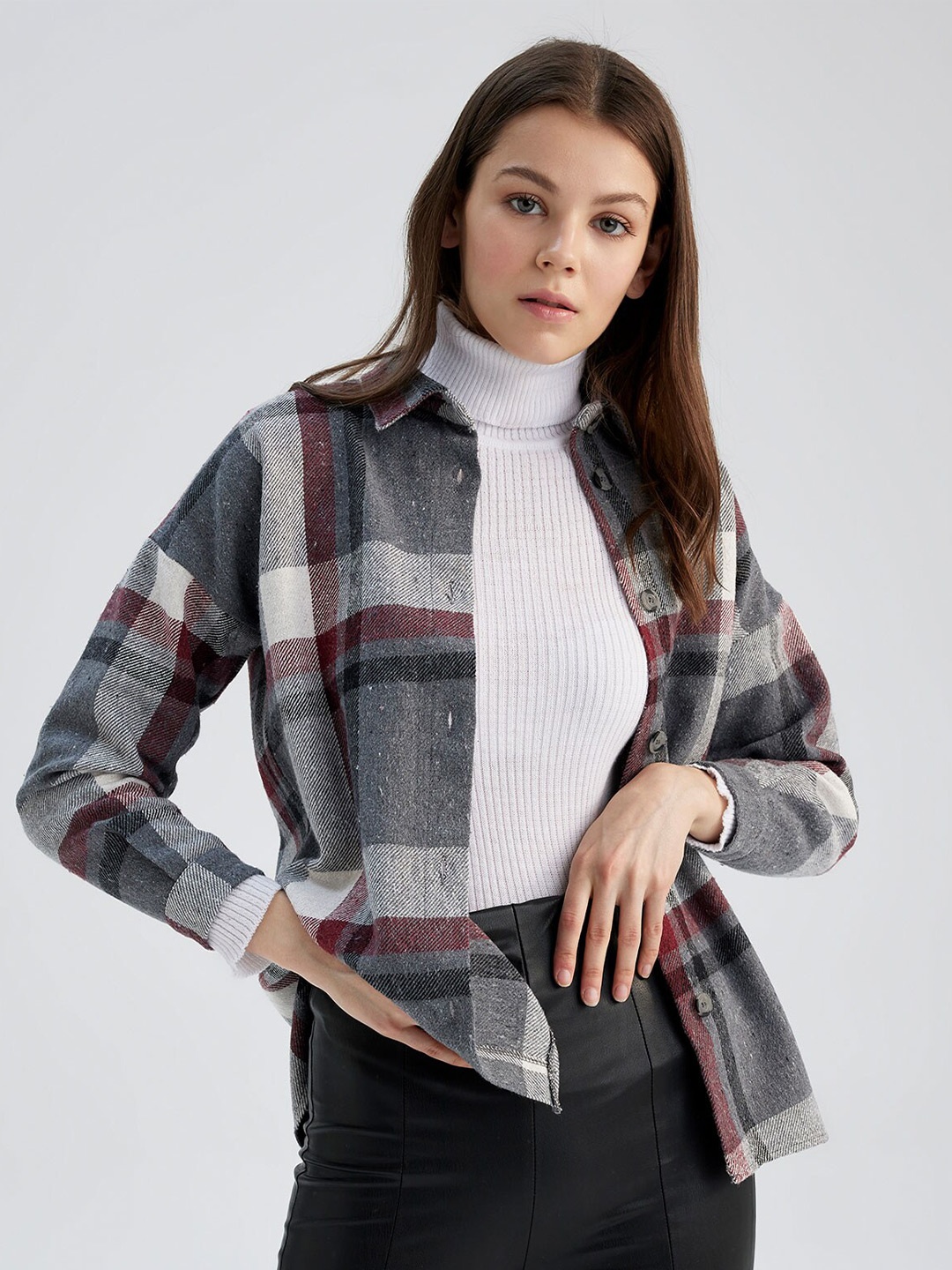

DeFacto Tartan Checks Opaque Casual Shacket, Grey