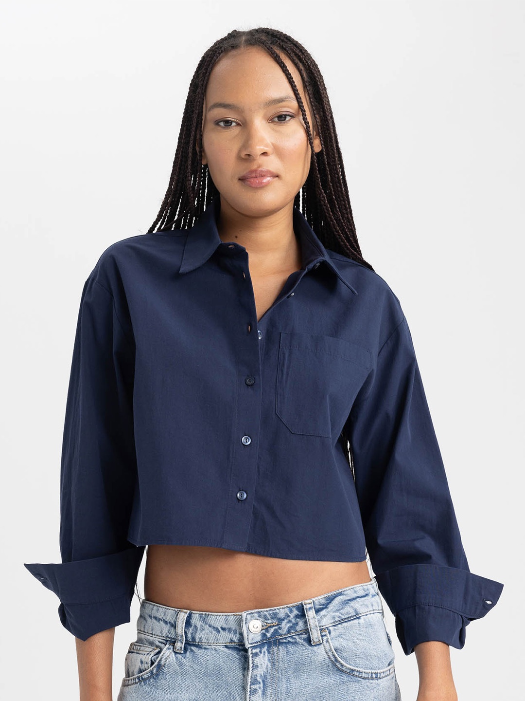 

DeFacto Spread Collar Pure Cotton Casual Crop Shirt, Navy blue
