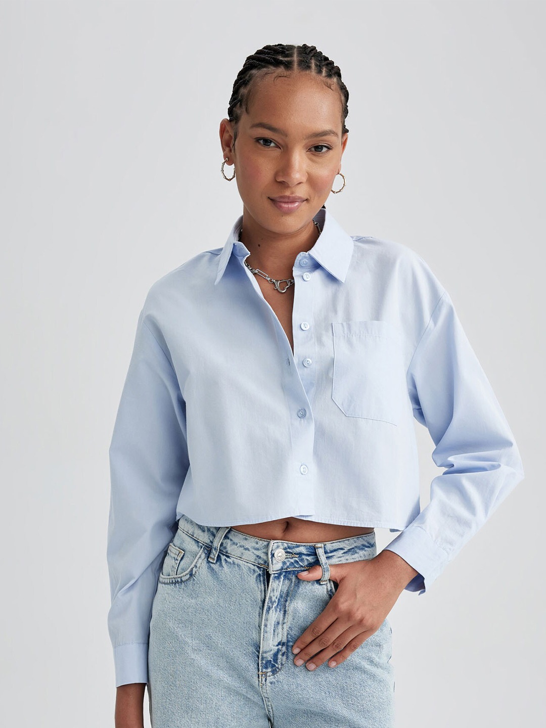 

DeFacto Spread Collar Pure Cotton Casual Crop Shirt, Blue