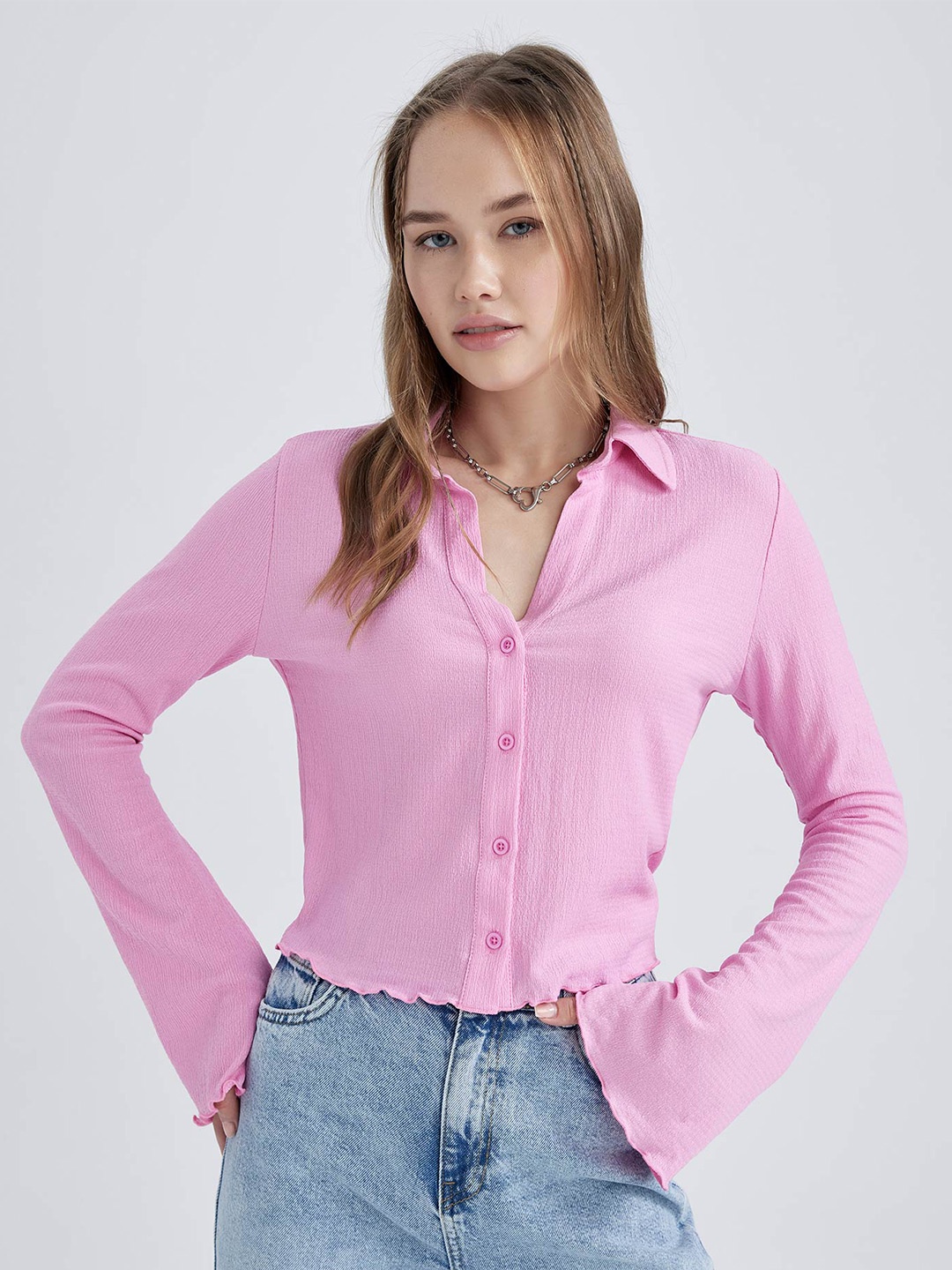 

DeFacto Spread Collar Casual Shirt, Pink