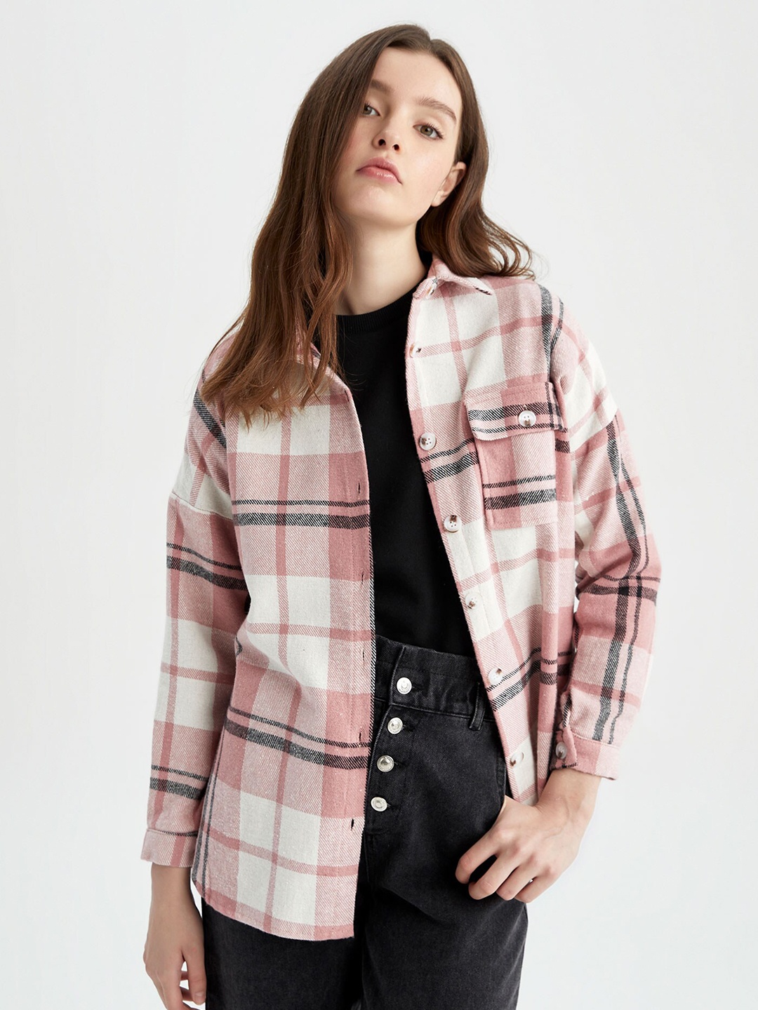 

DeFacto Tartan Checked Casual Shacket, White