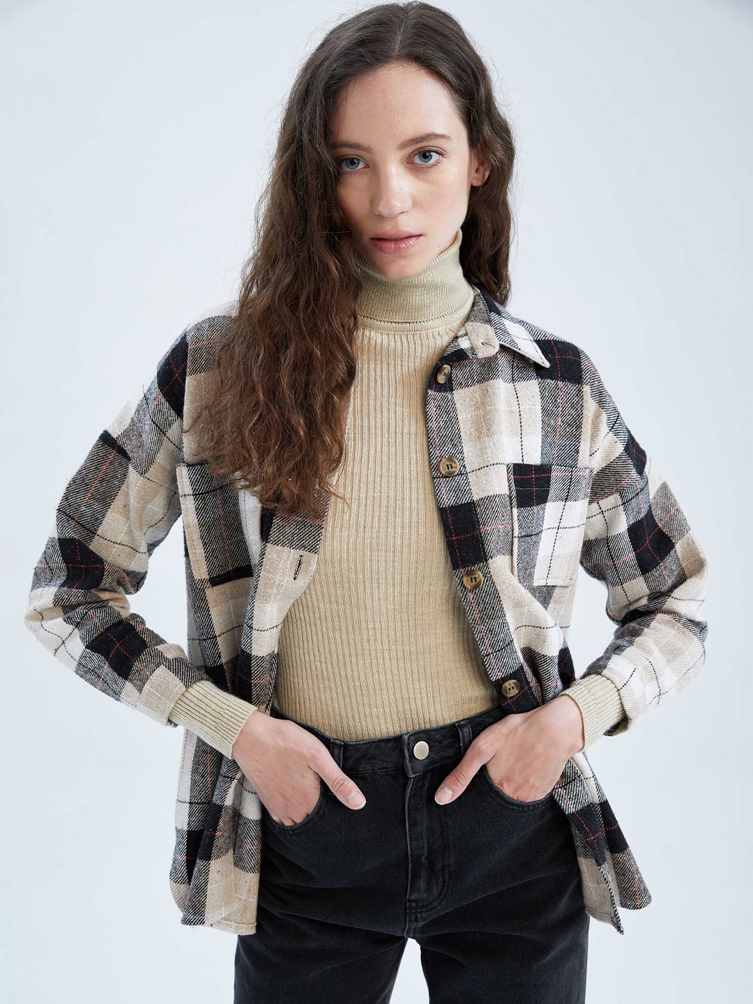 

DeFacto Tartan Checked Spread Collar Casual Shirt, Black