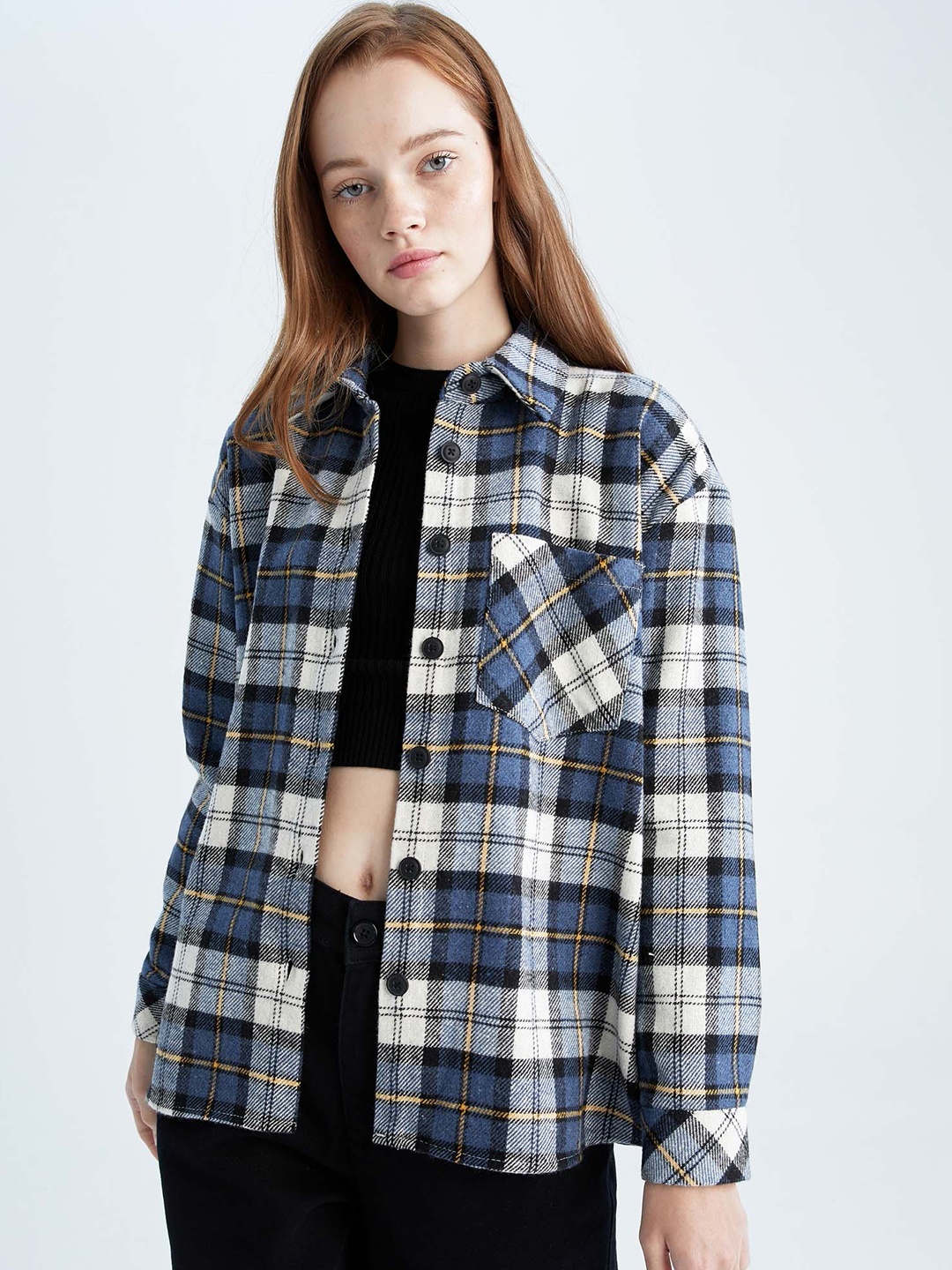 

DeFacto Tartan Checked Opaque Shacket, Navy blue