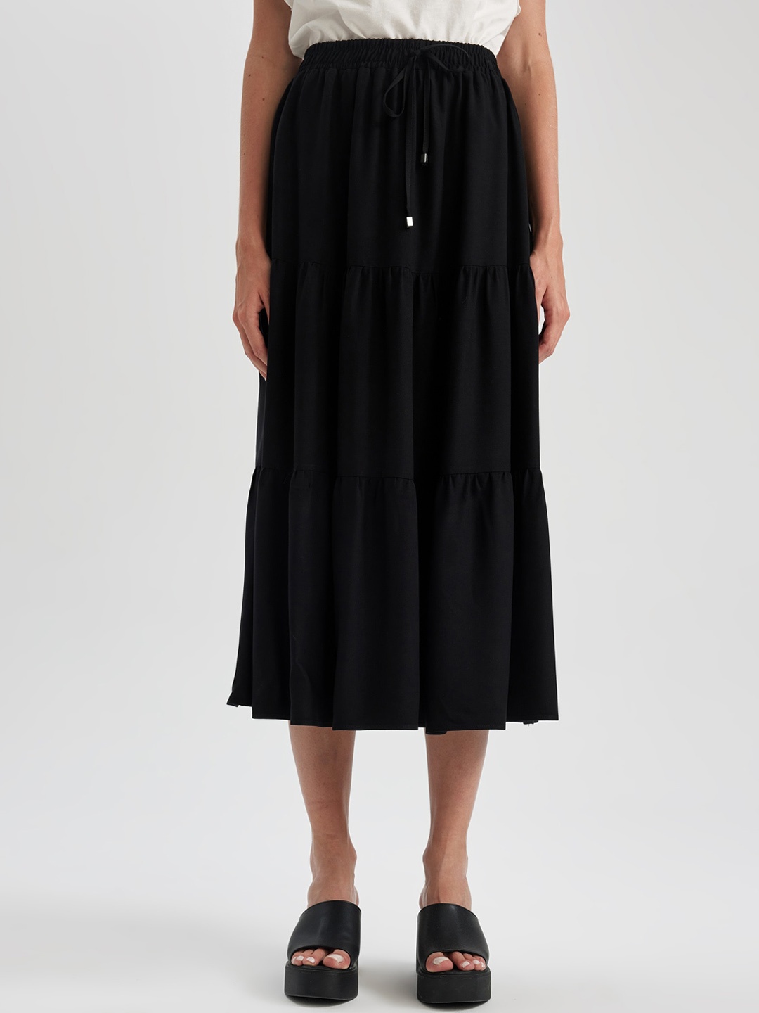 

DeFacto Tiered Gathered Midi Skirt, Black