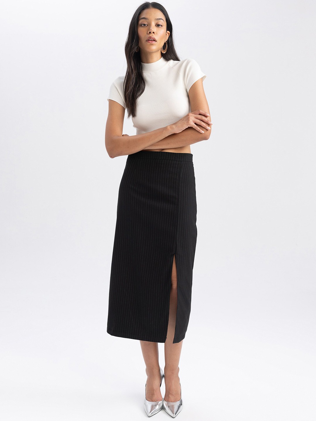 

DeFacto Striped Pencil Midi Front Slits Skirts, Black