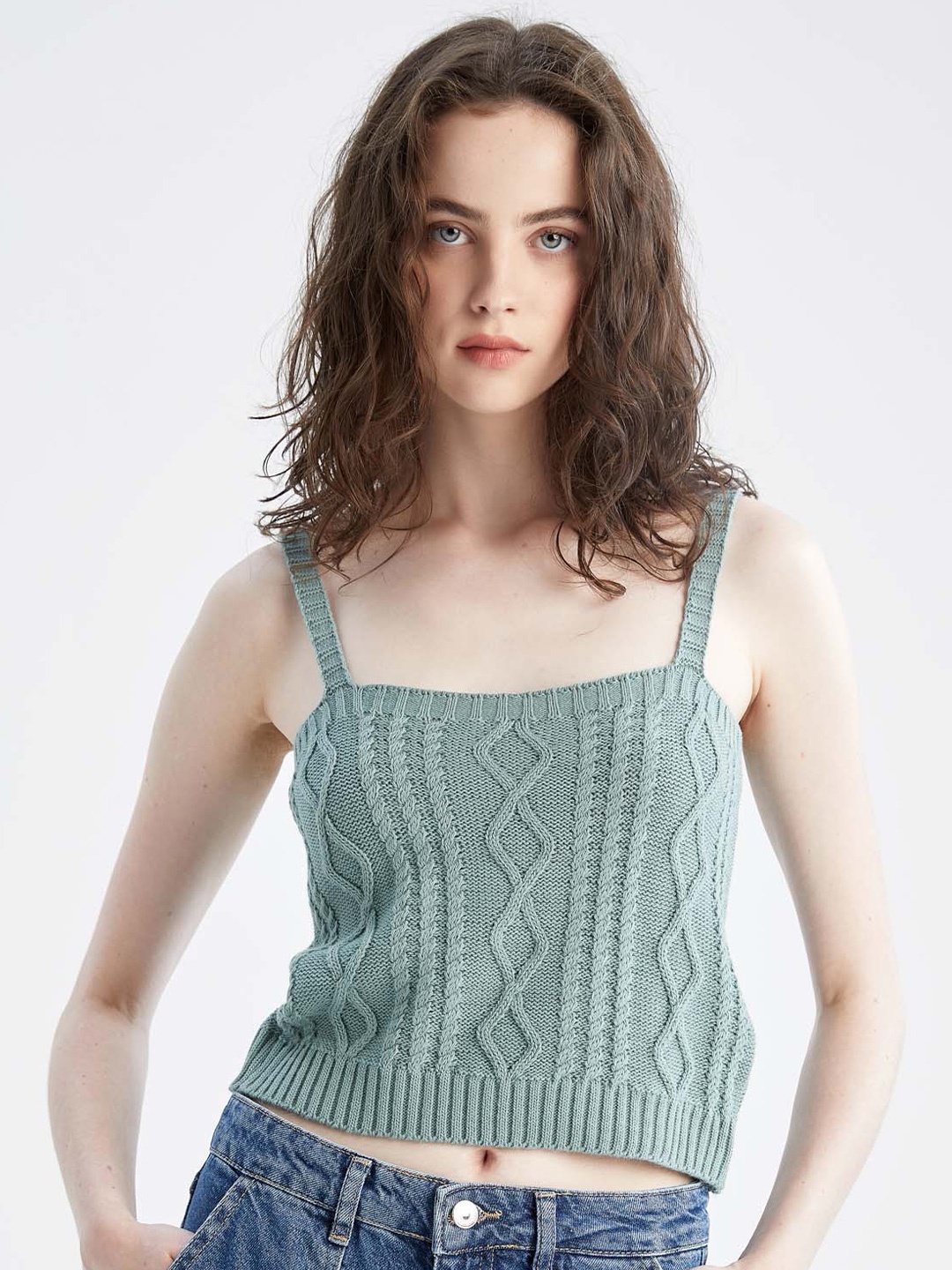 

DeFacto Self Design Shoulder Straps Knitted Top, Green