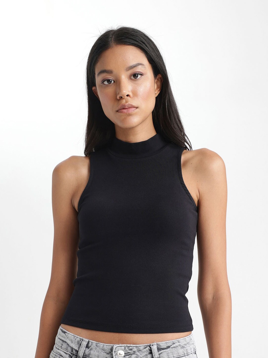 

DeFacto High Neck Cotton Crop Top, Black
