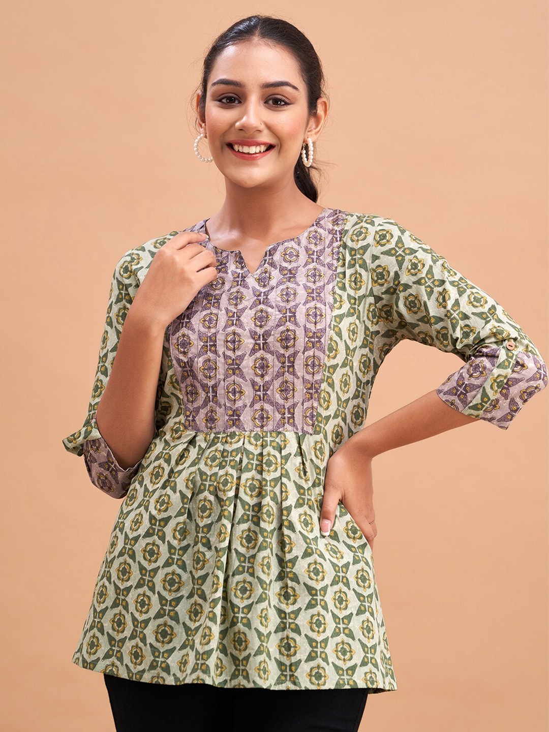

FERANOID Ethnic Motifs Printed Gathers Cotton Tunic, Grey