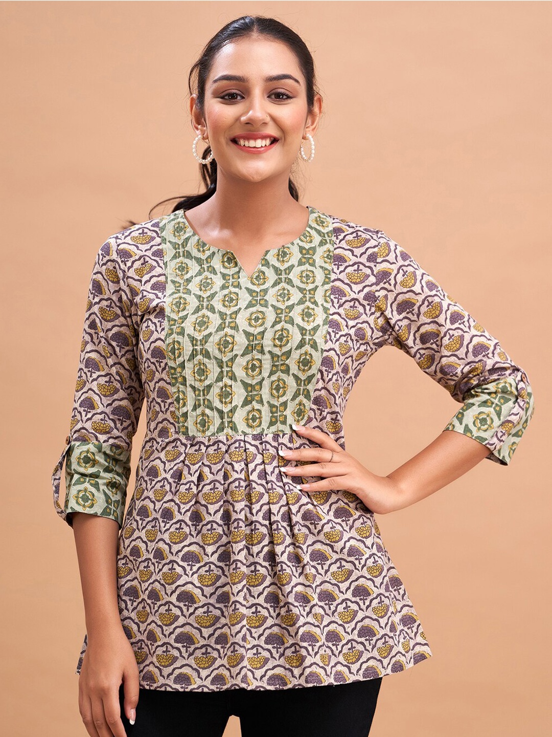 

FERANOID Ethnic Motifs Printed Gathers Cotton Tunic, Grey