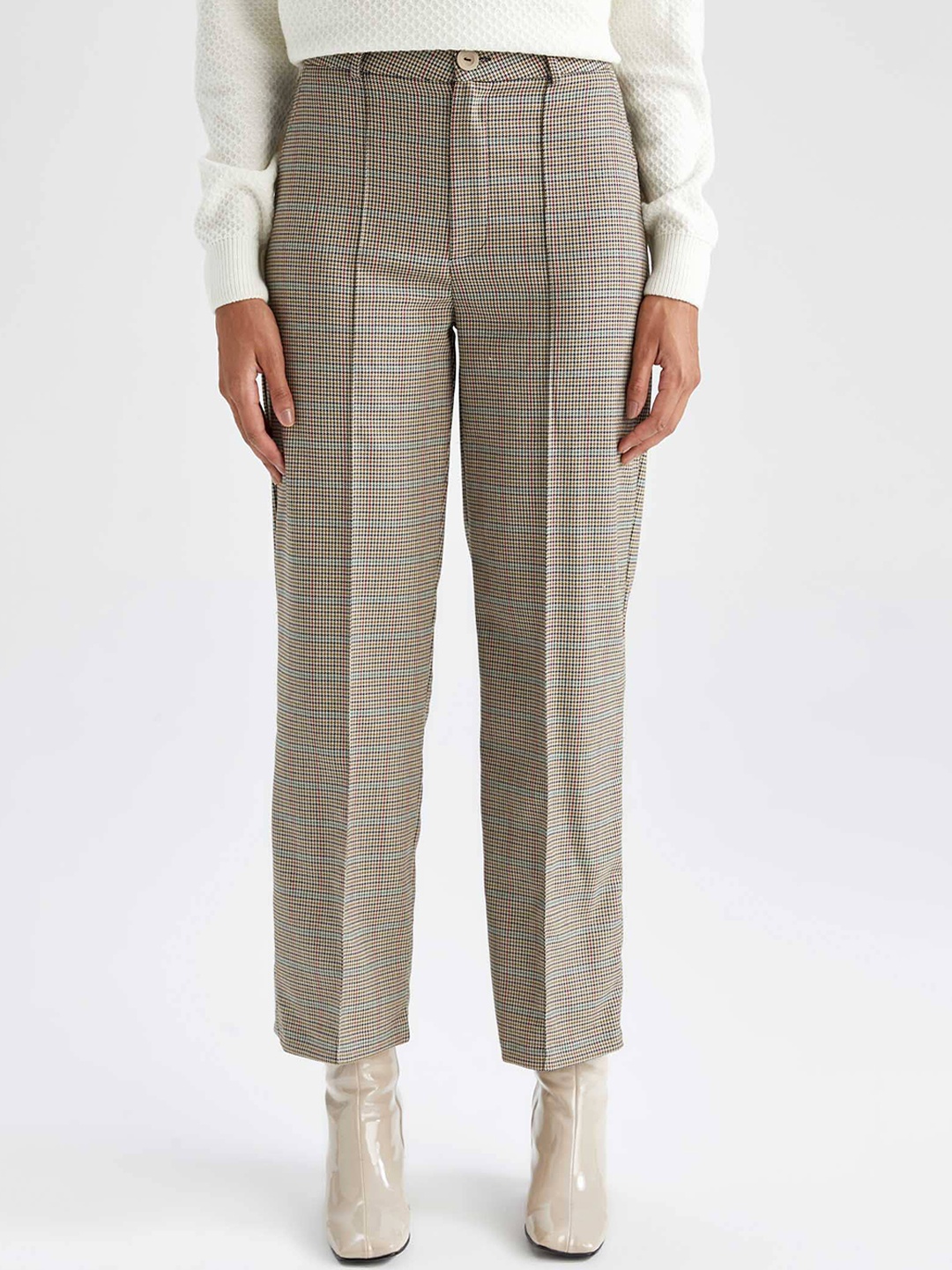 

DeFacto Women Checked Mid-Rise Trousers, Beige