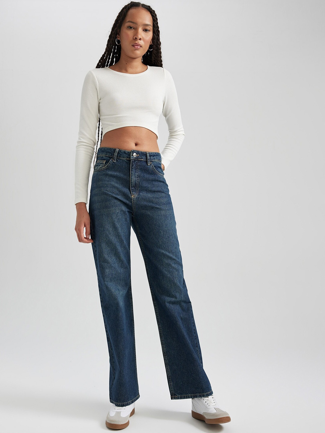 

DeFacto Women Regular Fit Mid-Rise Cotton Trousers, Blue