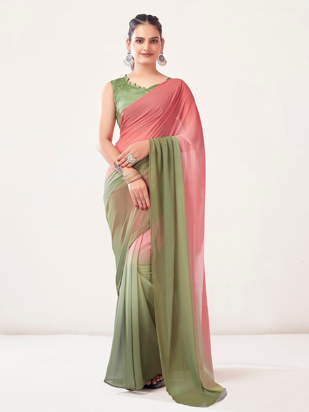 

Mitera Ready to Wear Celebrity Ombre Dyed Poly Georgette Saree, Green