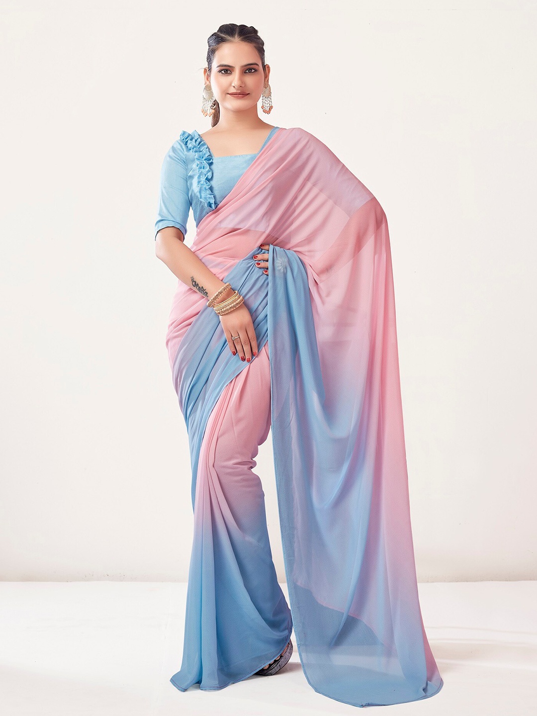 

Mitera Ready to Wear Celebrity Ombre Dyed Poly Georgette Saree, Blue