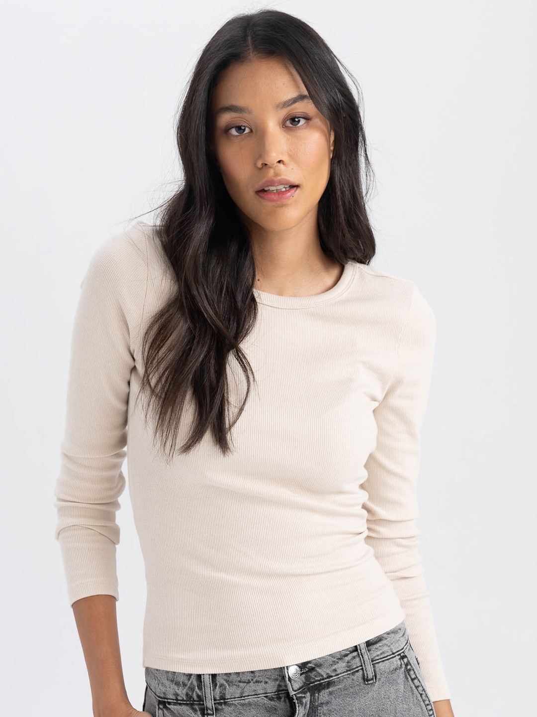 

DeFacto Long Sleeves Ribbed T-shirt, Off white
