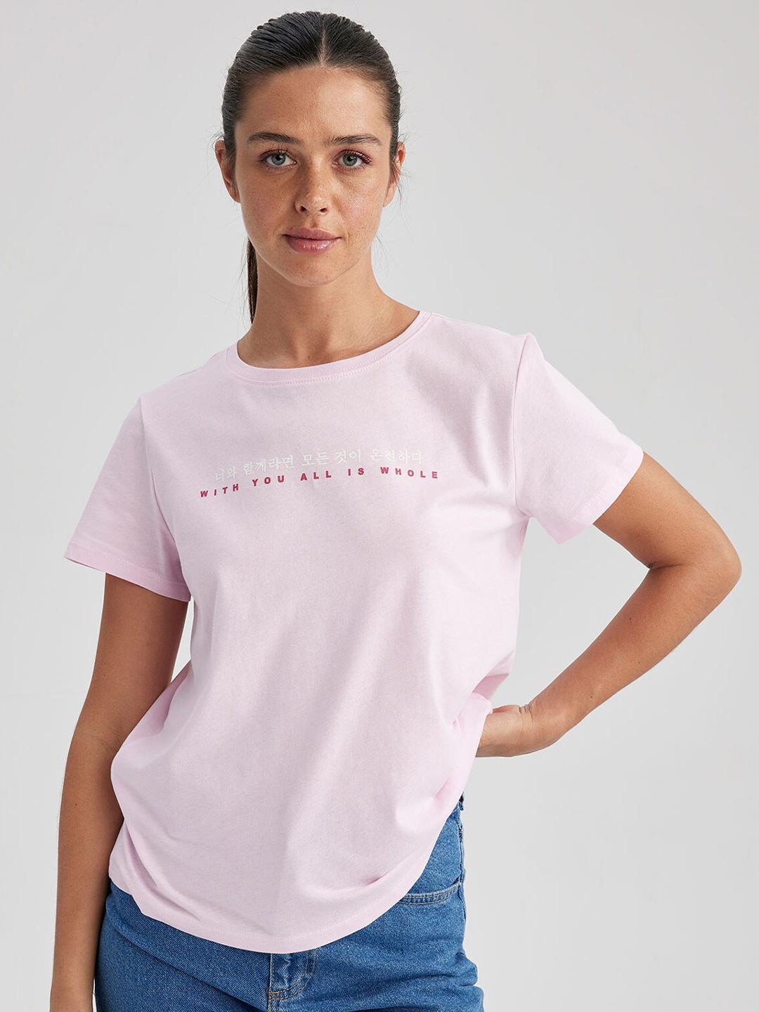 

DeFacto Typography Printed Cotton Regular T-shirt, Pink