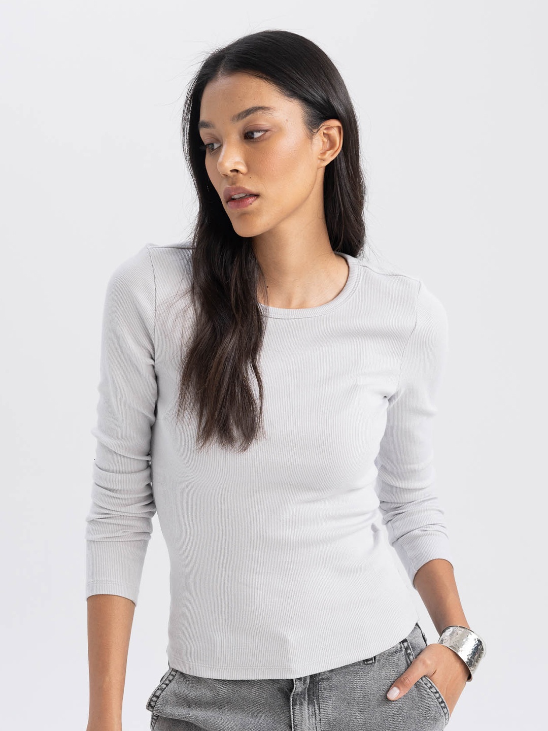 

DeFacto Striped Round Neck T-shirt, Grey